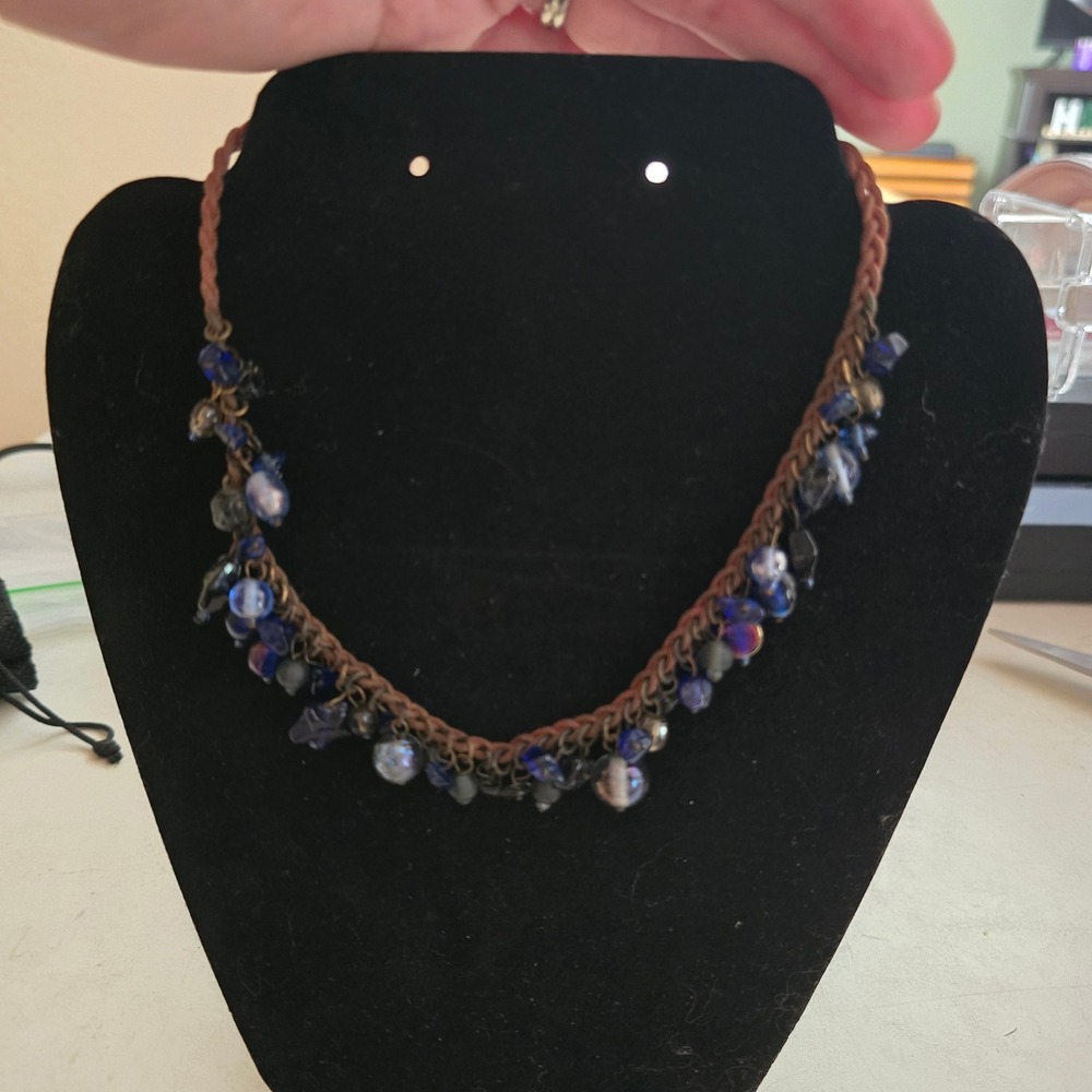 Y2K Boho Braided Cord Choker Necklace with Mixed Blue Glass Beads and Wire Wrap